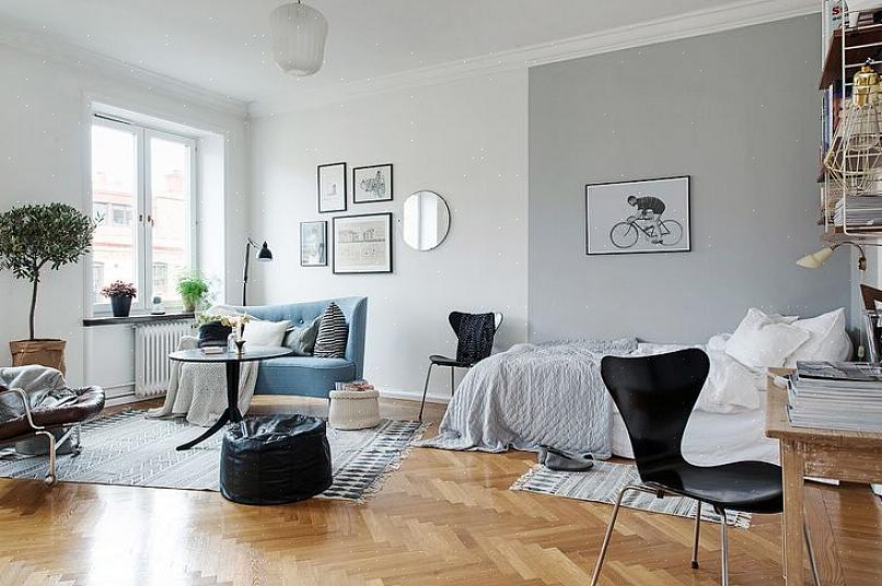 De hierboven getoonde contrasterende muurkleuren verdelen het studio-appartement in twee verschillende